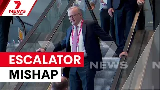 PM's escalator mishap precedes Labor conference announcements | 7NEWS