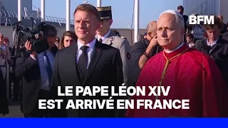 Emmanuel Macron welcomes Pope Leo XIV at Paris-Orly Airport