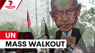 Netanyahu sparks UN walkout over Gaza genocide claims | 7NEWS