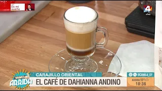 Dahianna Andino makes coffee with milk and grapamiel