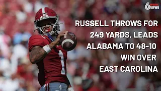 Russell throws for 249 yards, leads No. 13 Alabama to 48-10 win over East Carolina