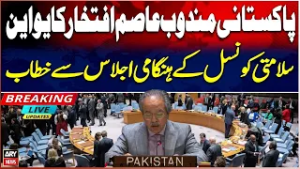 Pakistani delegate Asim Iftikhar addresses emergency meeting of UN Security Council