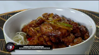 Cerdo frito marinado en pasta de frijol fermentada | Bofe frito con arroz y recao de ajíes | Ají