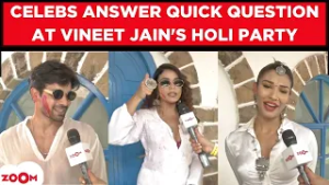 Shevam Singh, Monica D'Souza & Nehal Chudasama answer quick question at Vineet Jain's Holi party