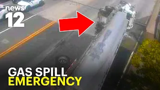Gasoline leaks into storm drains after tanker overturns on Rockaway Turnpike