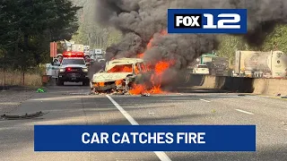 Car catches fire, driver leaves scene after crash on I-84 near Cascade Locks