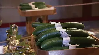 Traditional "Cucumber Sealing" Ritual Held at Ishiyama-dera Temple in Tsuyama City to Pray for Go...