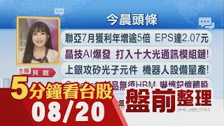 Cerebras新品無須HBM 嚇壞記憶體股!台積電埃米世代完勝三星 美銀喊3100元!機器人國家隊成形 上銀攻矽光子元件!美東運價衝萬美元｜主播貝庭｜【5分鐘看台股】20260820｜非凡財經新聞