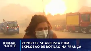 Gas canister explodes live and scares reporter in France