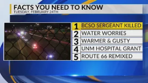 KRQE Newsfeed: BCSO sergeant killed, Water worries, Warmer weather, UNM Hospital grant, Route 66 art