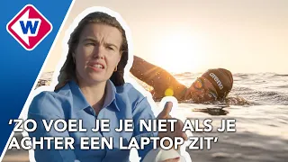 Winnifred over haar 17 uur durende zwemtocht door het Kanaal van een jaar geleden