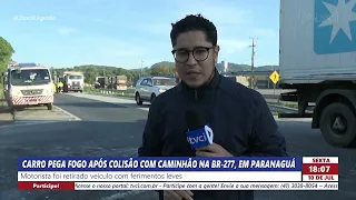 CARRO PEGA FOGO APÓS COLISÃO COM CAMINHÃO NA BR-277, EM PARANAGUÁ