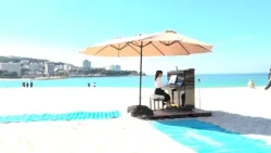 "Beach Piano Koshien" at Shirarahama Beach: A Stage of Blue Sea and White Sand in Shirahama Town,...