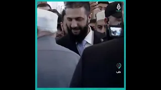 The moment President Ahmed al-Sharaa arrives at Abdullah ibn Abbas Mosque in Aleppo to perform Ei...