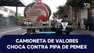 Armored truck crashes into Pemex tanker in Iztacalco; driver fell asleep