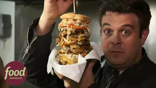 Adam Richman Battles A Massive Twelve Patty Mountain Of Beef And Cheese | Man V Food