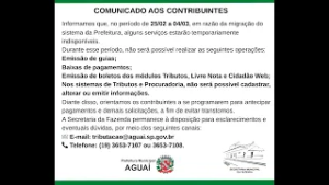 AGUAÍ ALERTA PARA INDISPONIBILIDADE TEMPORÁRIA DE SERVIÇOS DURANTE MIGRAÇÃO DE SISTEMA