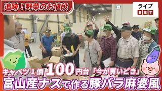 Cabbages are priced at around 100 yen each, "Now's the time to buy!" Pork belly mapo-style dish m...