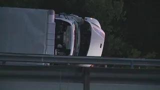 Box truck overturns on I-295 in South Portland; traffic diverted