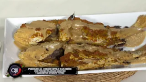 Pescado al horno estilo caribeño con puré de plátano maduro y arroz con guandú y coco | Ají