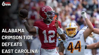 Alabama head coach Kalen DeBoer speaks after Alabama's Week 1 win over East Carolina