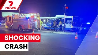 Escape of the century as car ploughs through bus | 7NEWS