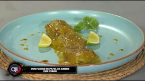 Dumpling de papel de arroz con cerdo | Chichonfan de cerdo | Crema de plátano verde | Ají