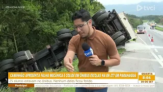 CAMINHÃO APRESENTA FALHA MECÂNICA E COLIDE EM ÔNIBUS ESCOLAS NA BR-277 EM PARANAGUÁ