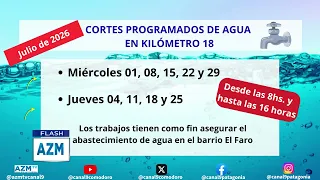 Anunciaron cortes programados de agua en kilómetro 18 durante julio